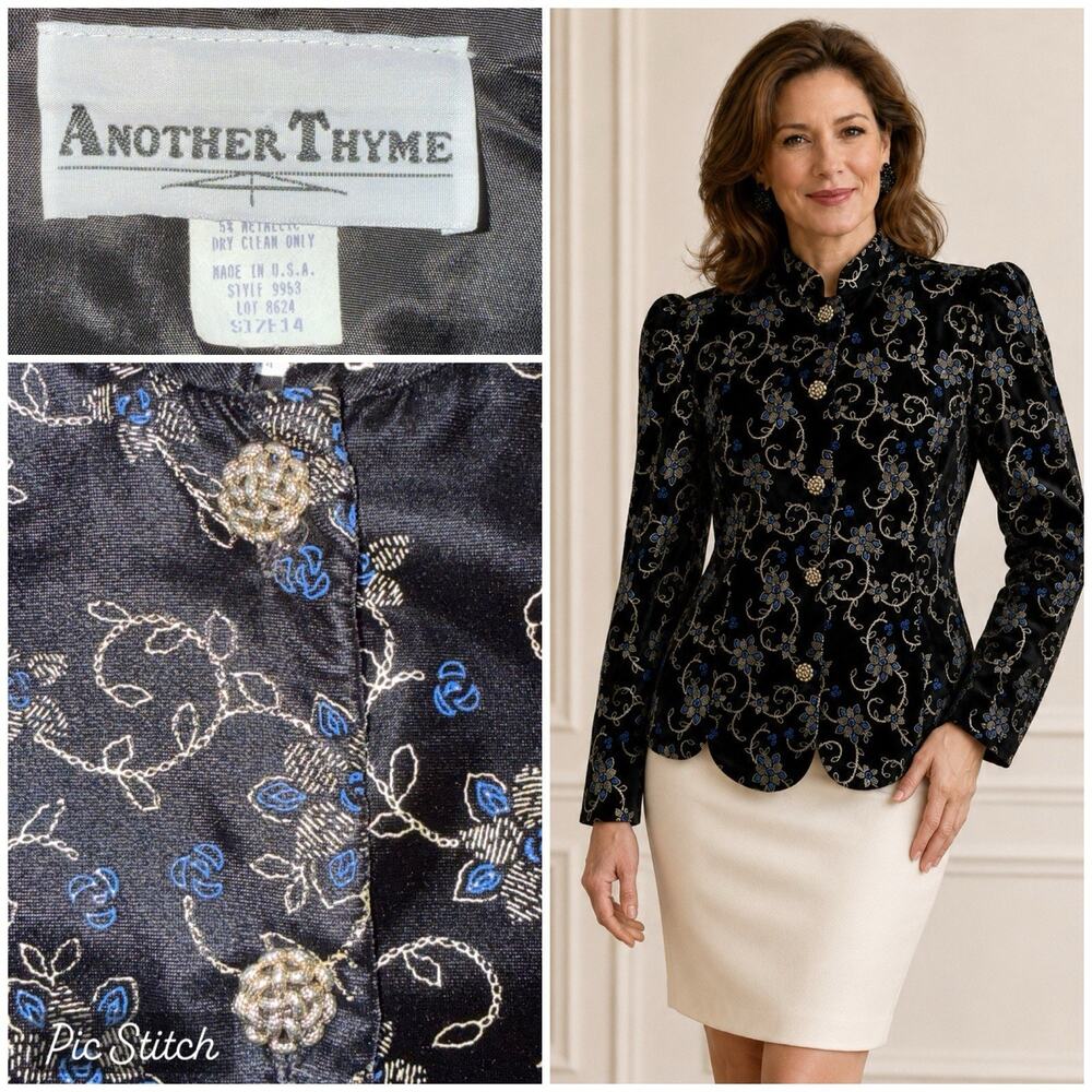 Vintage Velvet Black Gold Blue Embroidered Scallop Hem Jacket Sz 14 EUC Glam
